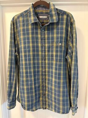 32 Bar Blues Men's Blue and Yellow Plaid Button-Down Shirt Size Large